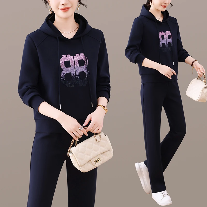 休闲百搭减龄时尚连帽运动套装女春秋2025新款洋气宽松妈妈两件套