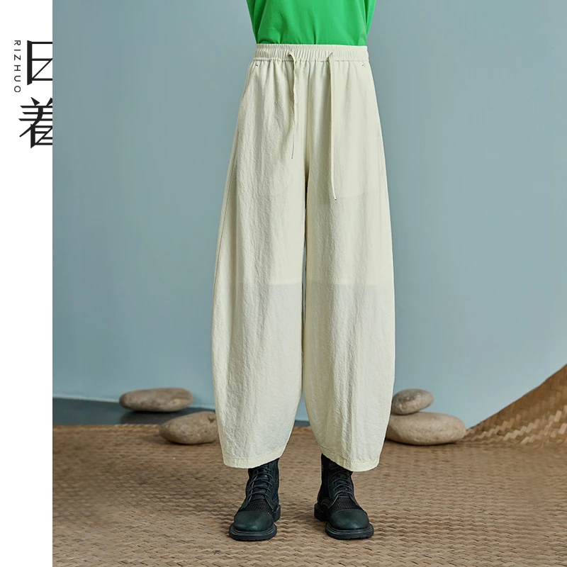 日着原创2025春新款肌理感萝卜裤松紧腰宽松休闲女裤子Z250126K1