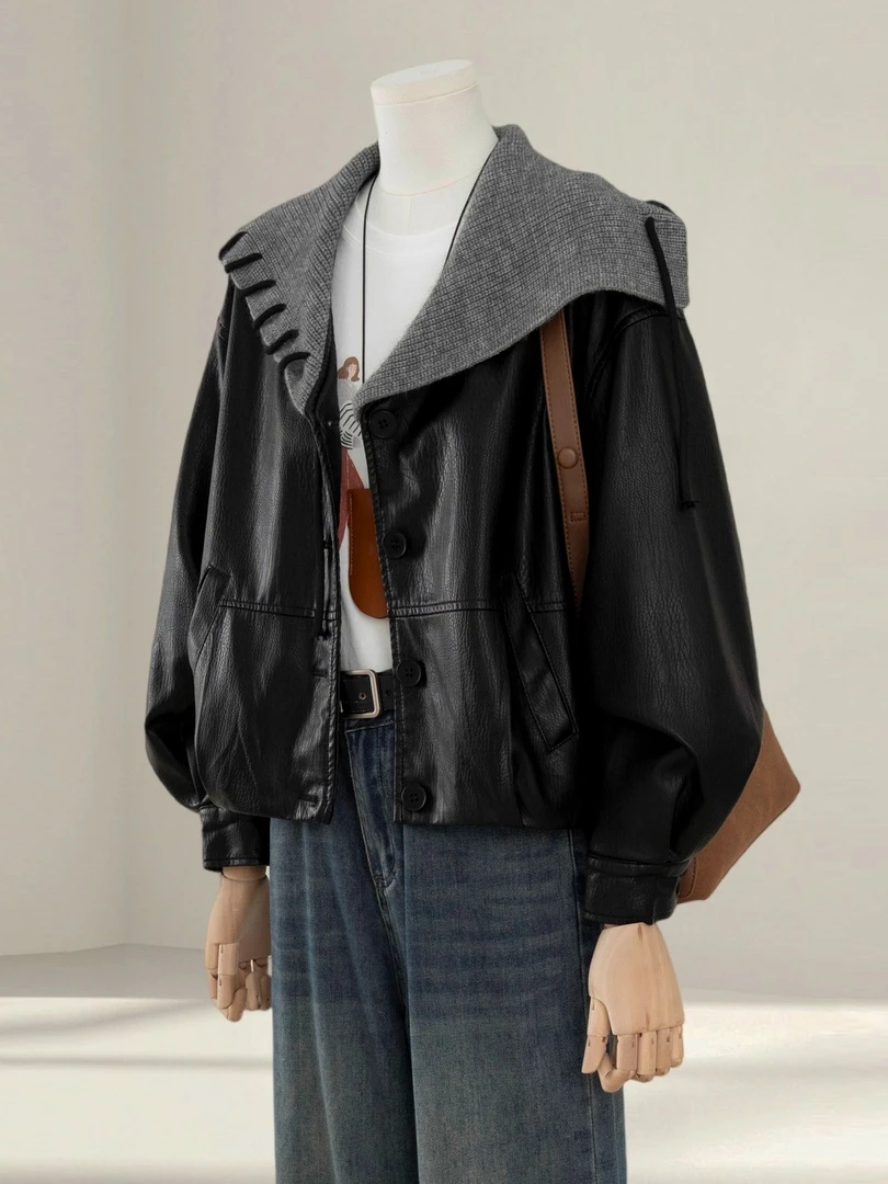 2025秋季新款设计感海军领黑色皮衣外套女韩系宽松小个子超火上衣