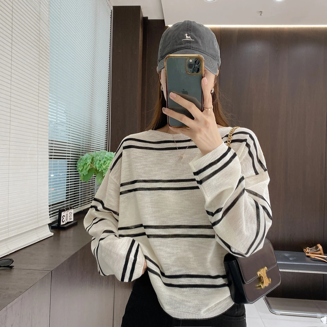 IMFLY金小金自制女装 针织衫DYW8972慵懒风宽松圆领条纹长袖上衣