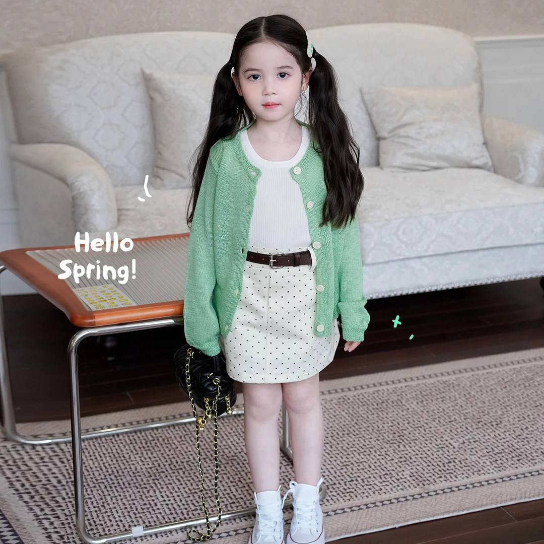 AnnieGirl春季新款2025女童甜美冰丝开衫背心波点半身裙套装夏款