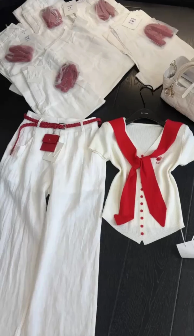 2025夏季新款甜美V领撞色搭肩领带薄款针织衫开衫上衣气质休闲裤