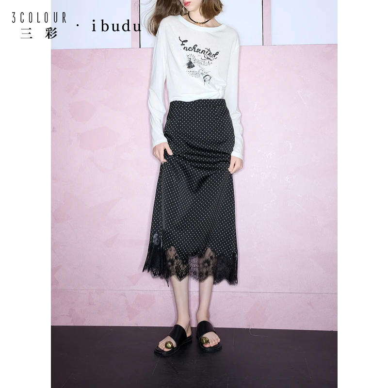 三彩ibudu2025春季新款波点印花蕾丝花边高腰半身裙长裙修身开叉