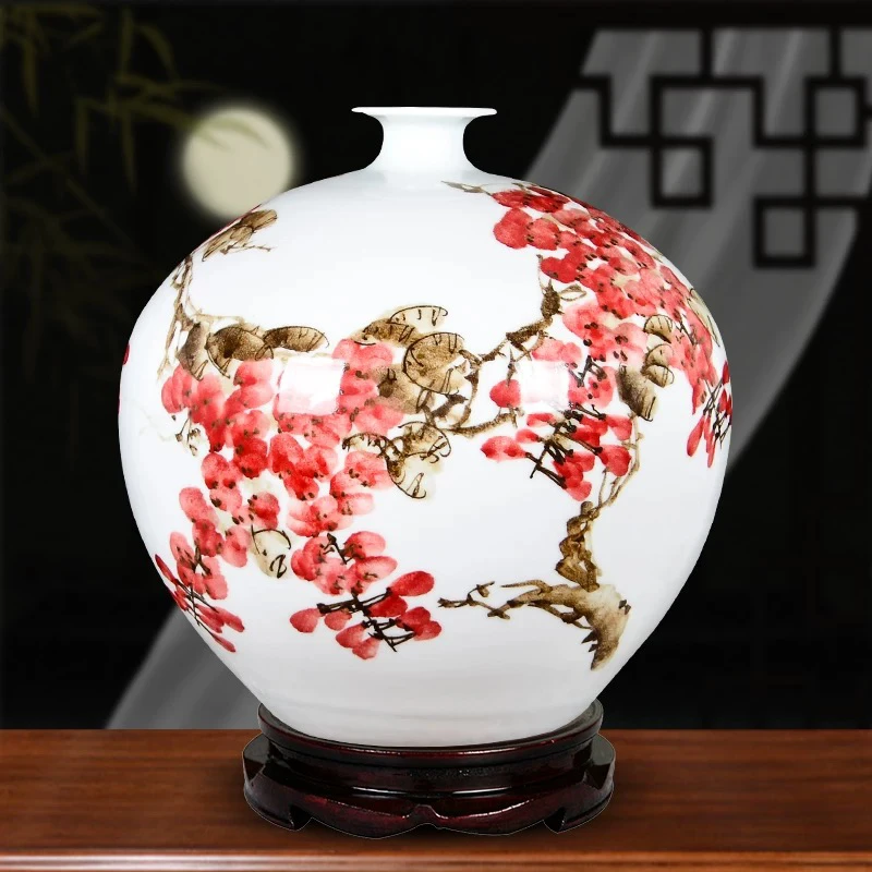 景德镇陶瓷器手绘石榴花瓶摆件家居装饰品中式客厅电视柜插花工艺
