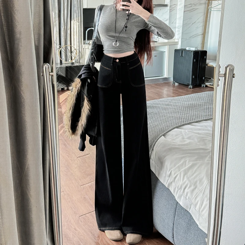 黑色不掉色高腰微喇牛仔裤女2025夏季薄款显瘦弹力宽松小个子百搭