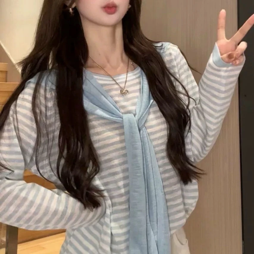 韩系减龄简约百搭休闲慵懒风撞色条纹长袖T恤披肩两件套7812#0.1