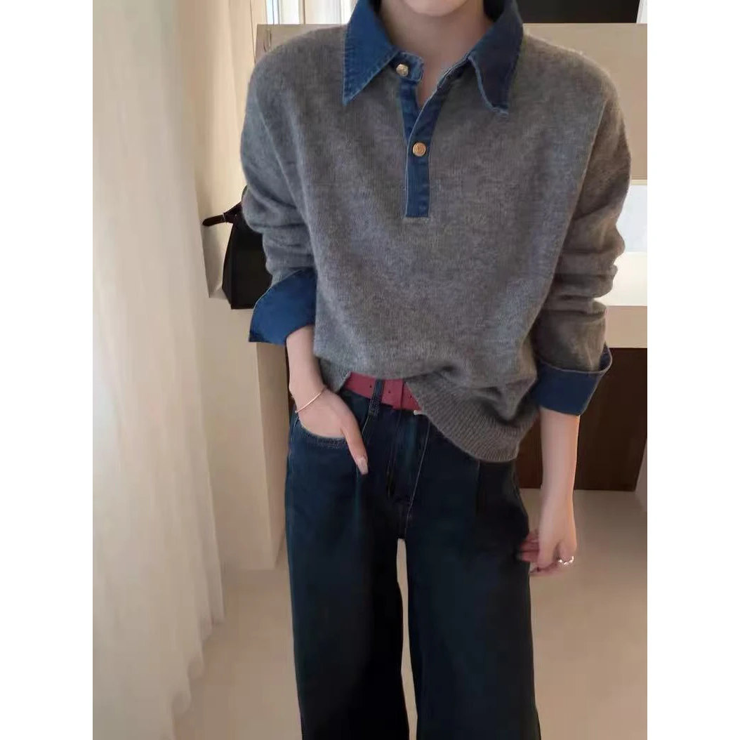 牛仔拼接假两件毛衣女欧洲站秋冬2025新款宽松翻领时尚百搭上衣潮