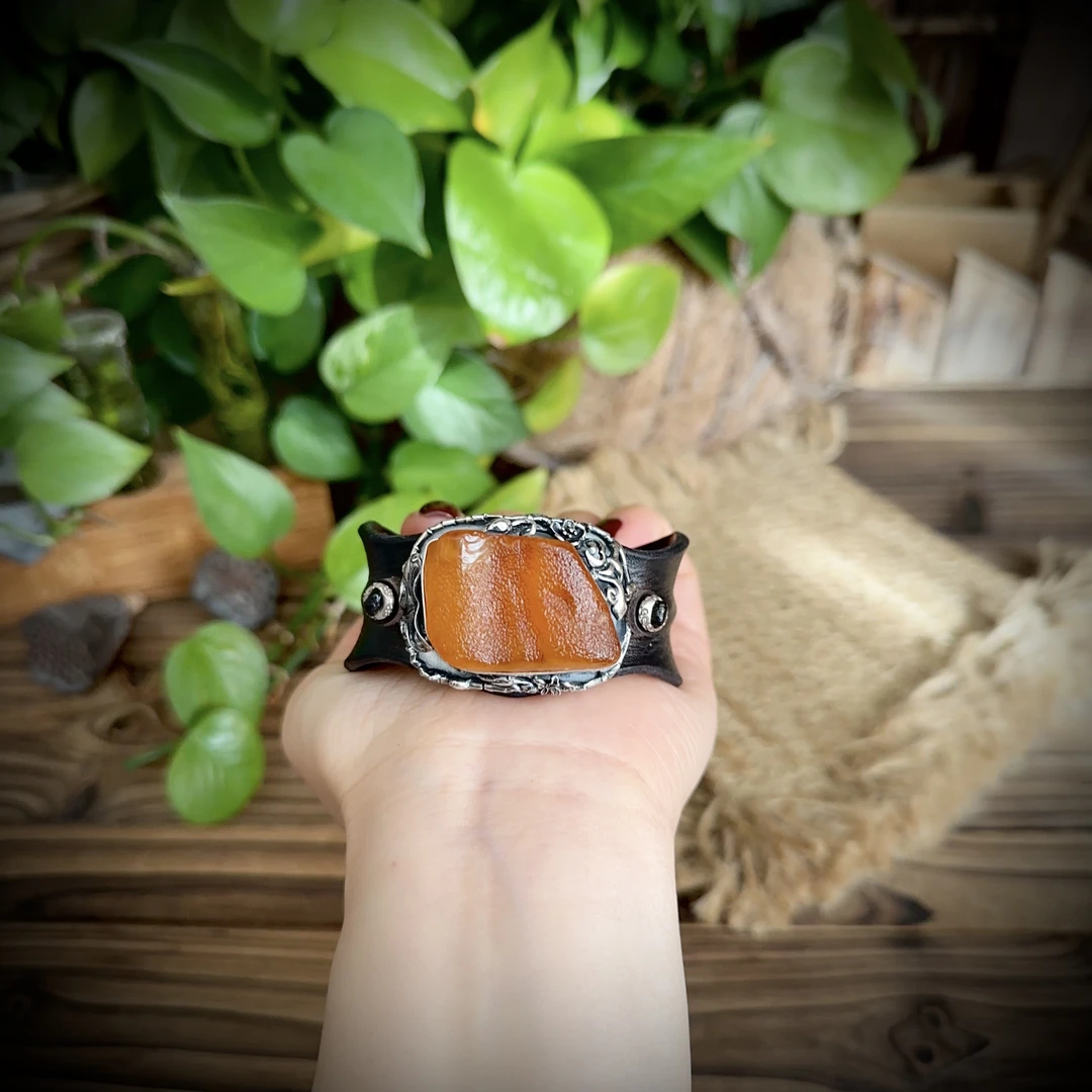 【古香古色】原创复古s925银蜜蜡琥珀皮手镯（开口可调节）