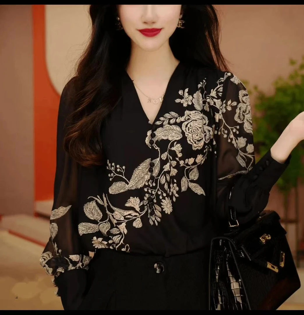 【贵妇装】双面定位花显瘦小衫时髦百搭高级感气质印花时尚上衣8938