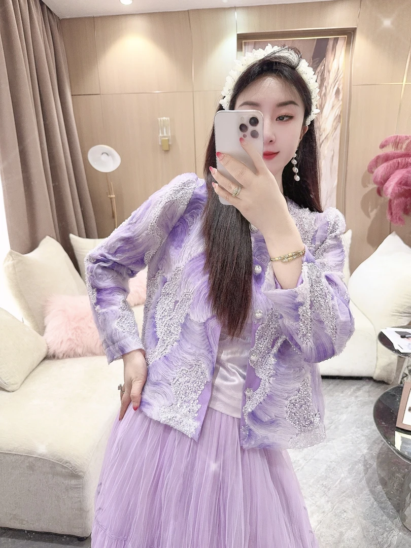 DC【紫绶云纹】新款气质长袖网红高定亮片时尚休闲外套