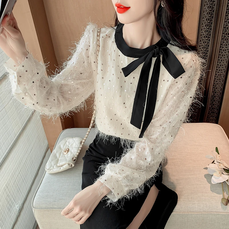 2025春季新款小香风撞色蝴蝶结绑带圆领衬衫亮片长袖上衣