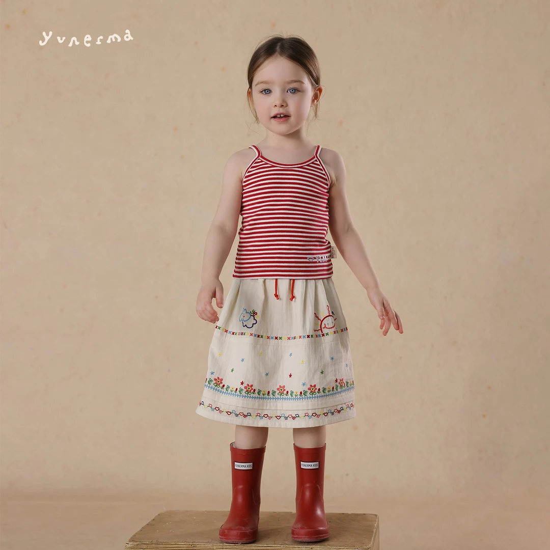允儿妈女童2025夏季新款条纹背心刺绣半身裙套装宝宝洋气吊带短裙