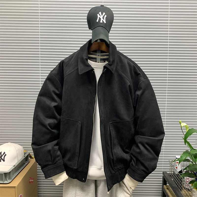 2025冬季新款时尚翻领鹿皮绒高品质羽绒服夹克男休闲加厚保暖外套