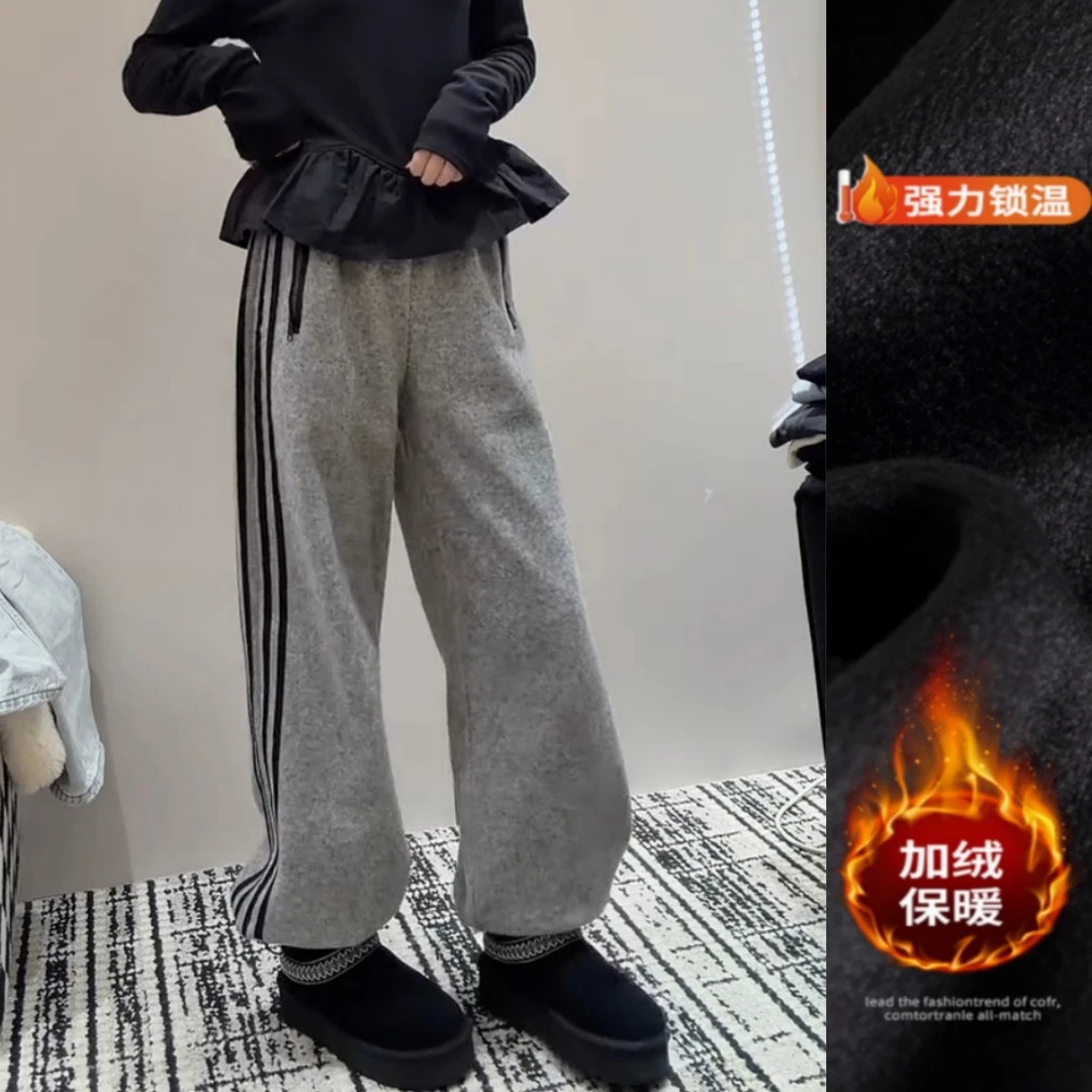 景倩妮灰色时尚设计感两穿休闲裤2025冬季新款加绒显瘦束脚阔腿裤