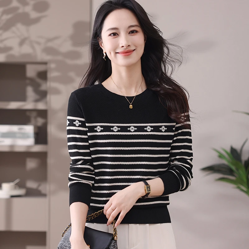 春季新款100%天丝莱赛尔洋气圆领长袖针织衫女士百搭打底衫条纹
