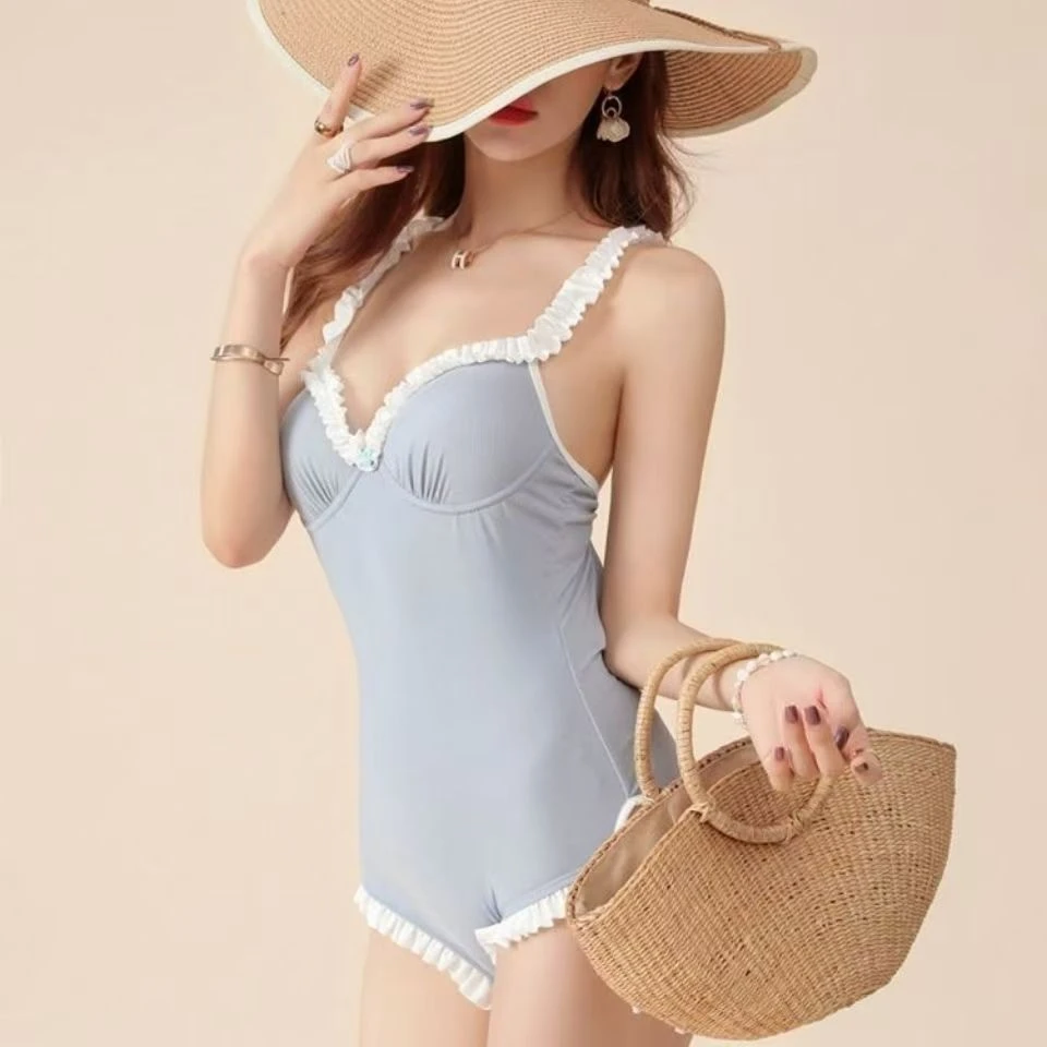 浅蓝色木耳边潜水服泳衣气质连体美背夏季网红纯欲风