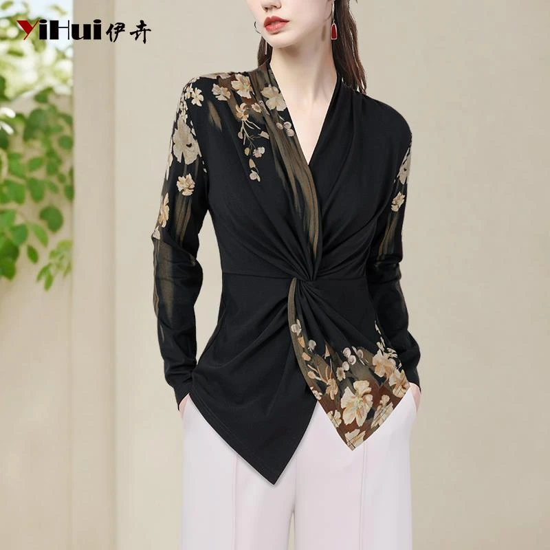 YIHUI伊卉碎花弹力显瘦衬衫女设计感气质交叉V领显瘦春装SC255558
