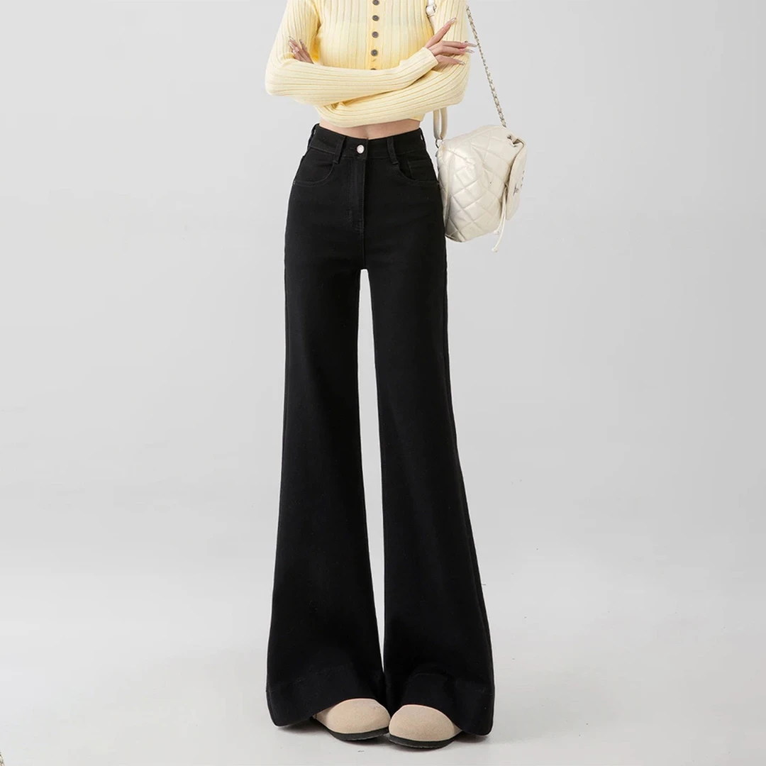 大码黑色冬季遮胯显瘦牛仔裤女梨形身材加绒高腰百搭弹力微喇裤子