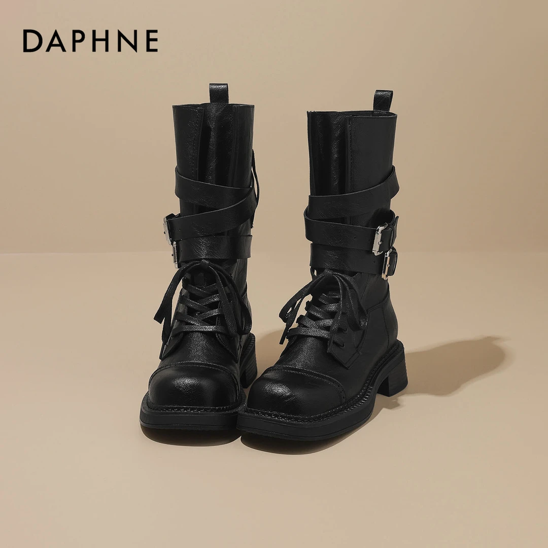 达芙妮新款骑士靴女2025夏季配裙子中筒短靴百搭靴子机车靴西部靴