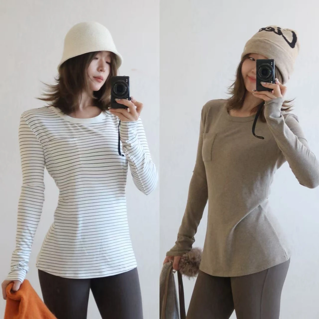 慕丝绒口袋腰身长袖运动T恤女健身保暖轻便修身显瘦上衣女秋冬