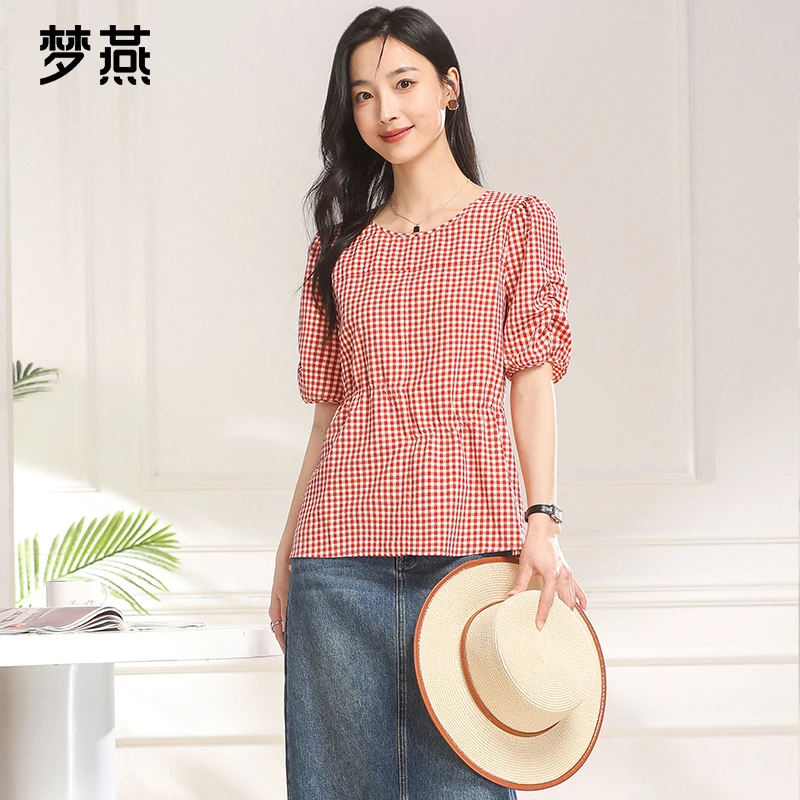 梦燕夏季女款薄款时尚休闲宽松小衫新中式波点圆领上衣BA03B4502