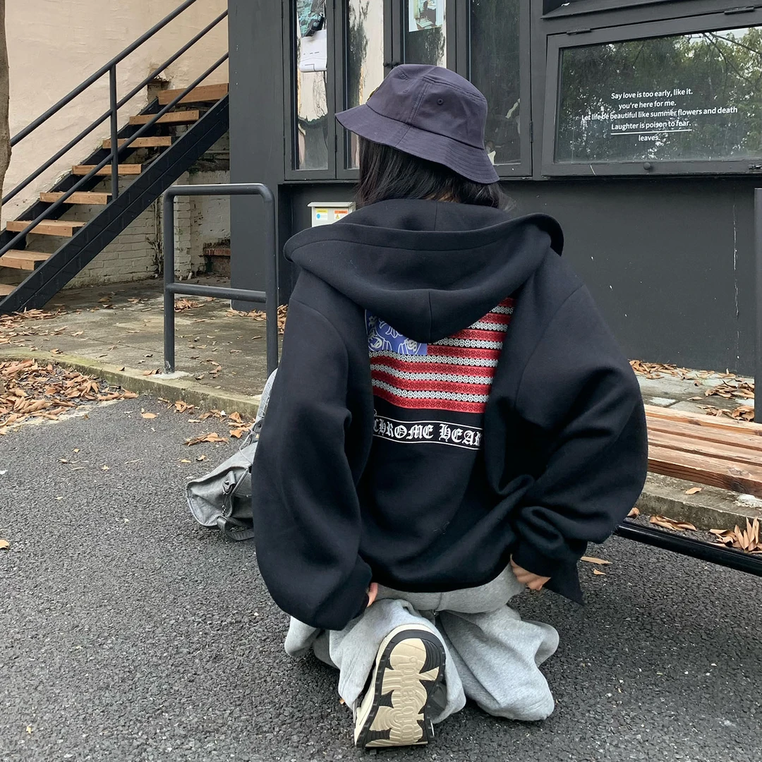 饭饭又饿了韩版休闲慵懒感连帽卫衣廓形复古范文印花百搭外套上衣