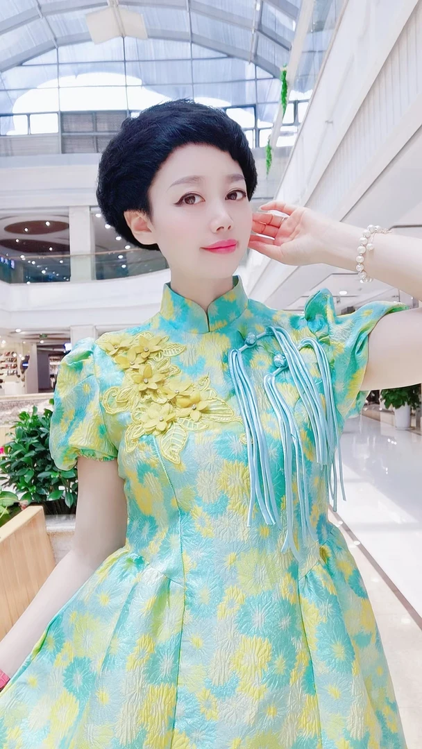 YL高定立领单排扣夏季短袖高腰中国风连衣裙礼服时尚muji风富婆风