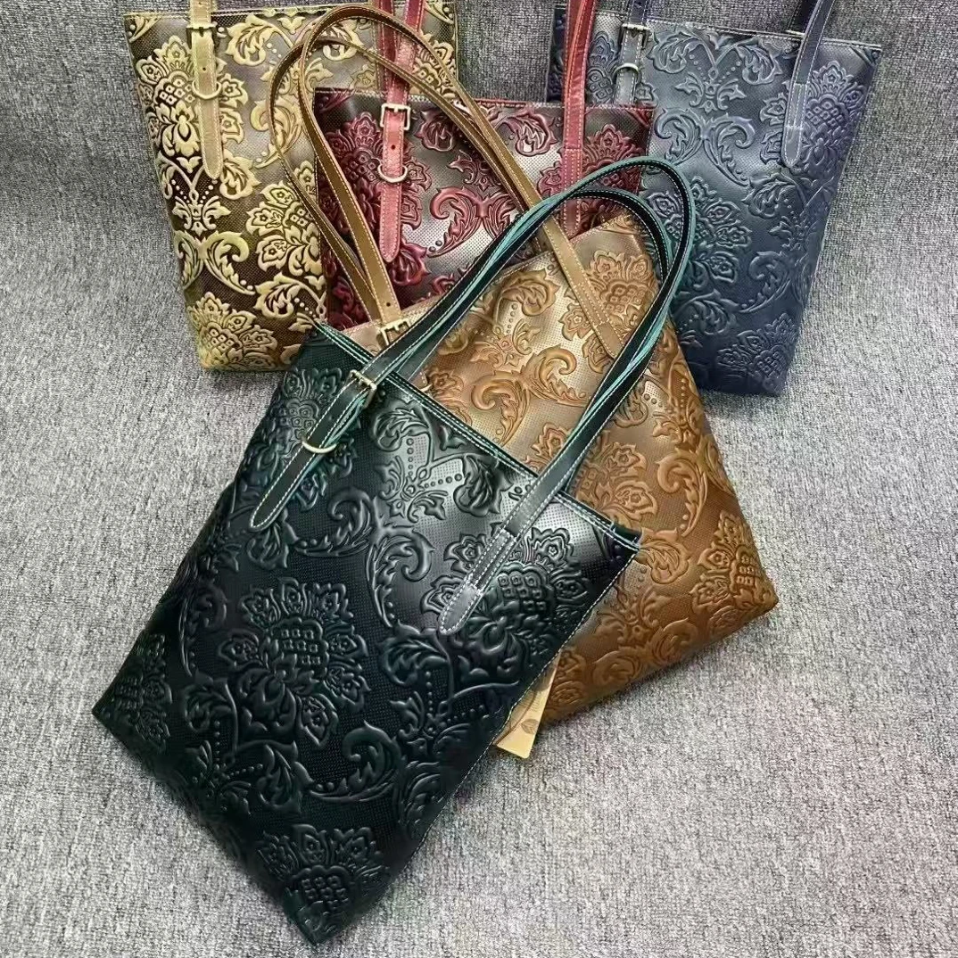 新款复古压纹疯马牛皮大容量通勤女士托特包单肩包百搭女包012