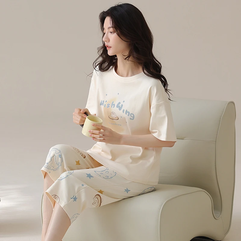 睡衣女夏季新款纯棉可爱短袖七分裤2025年新款套装家居服T-5488