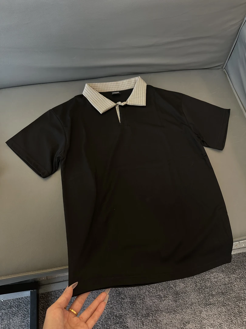 Z148 假两件拼接格子polo衫短袖重磅翻领T恤少年感穿搭半袖t恤