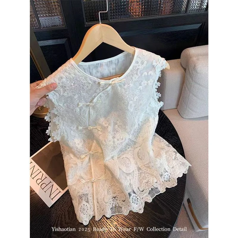 新中式蕾丝刺绣斜襟盘扣背心女夏新款高级感无袖上衣88756