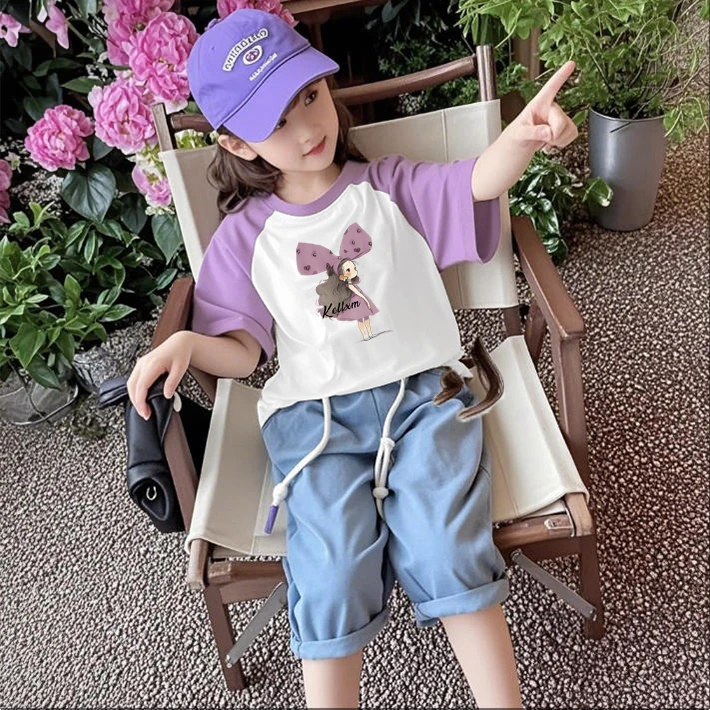 纯棉女童拼色插肩短袖T恤夏装新款中小儿童宝宝洋气卡通动漫上衣