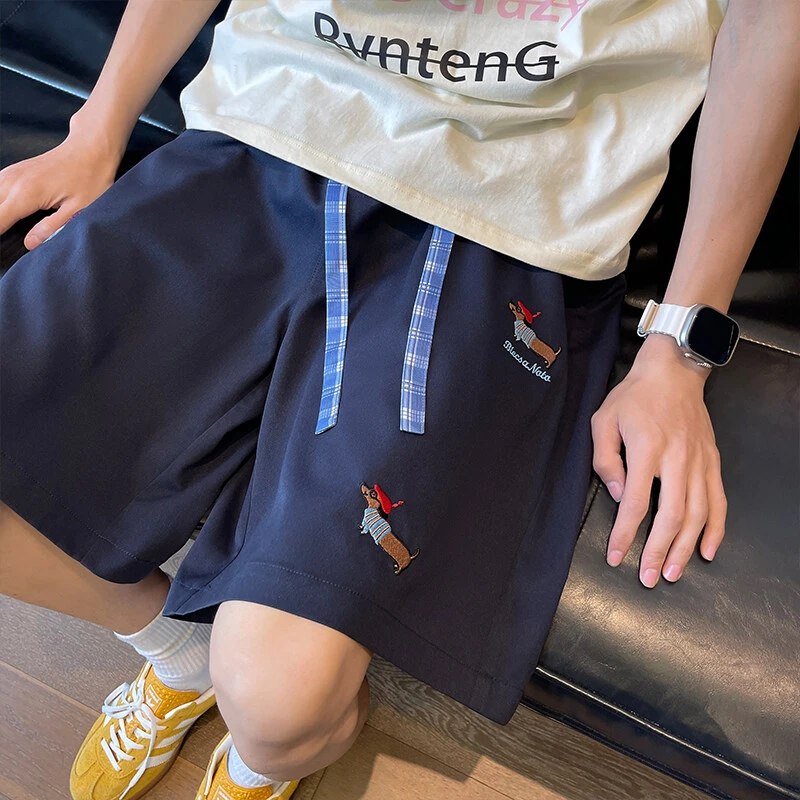 腊肠狗刺绣运动短裤男夏季潮牌格子拼接美式复古宽松休闲五分裤子