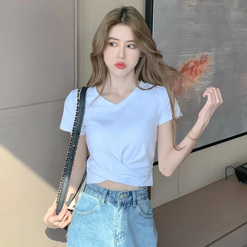 白色短款上衣女短袖v领小个子露脐高腰小众设计感t恤夏季棉质打底