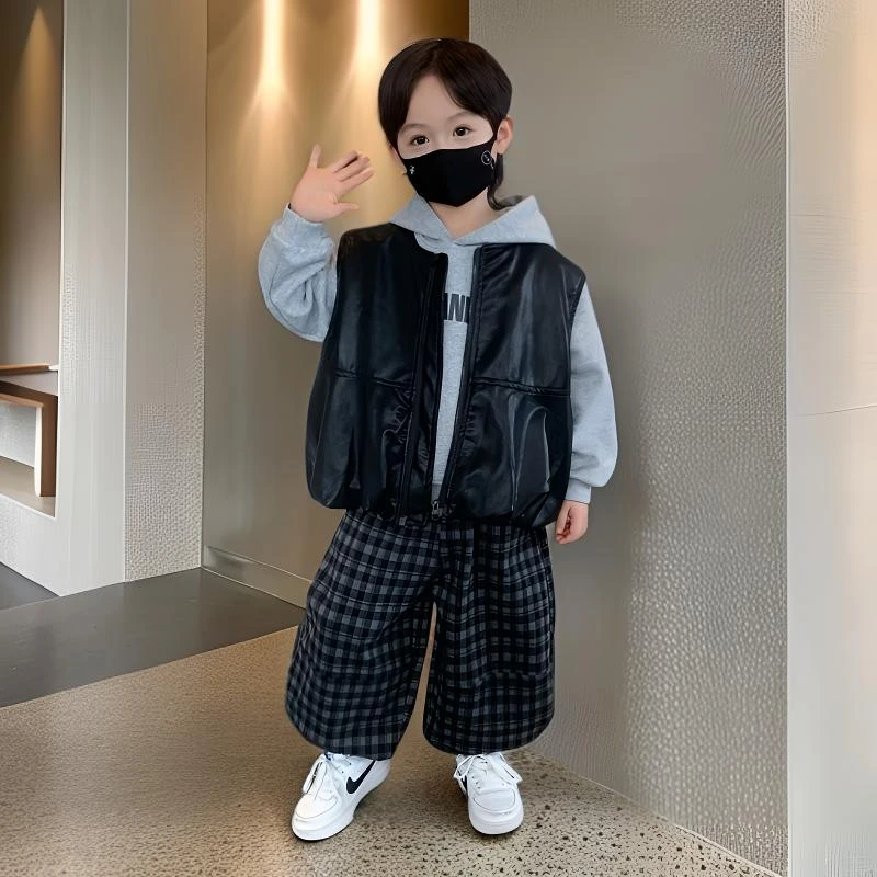 男童套装2025新款韩系酷帅男孩衣服儿童秋装卫衣宝宝皮马甲三件套