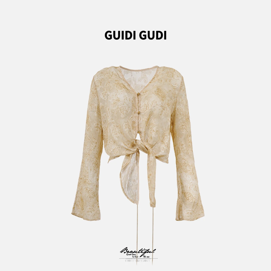 GUIDI GUDI【花之隐语】气质女人味花花长袖T恤/黄加蓝 T9520822H