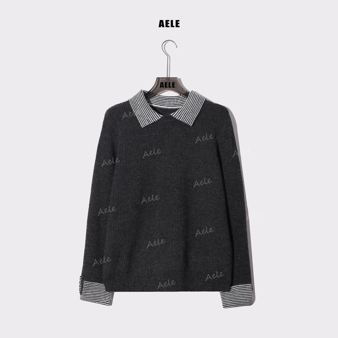 AELE翻领条纹拼接撞色针织衫女修身休闲风长袖毛衣 X855 5116 AD