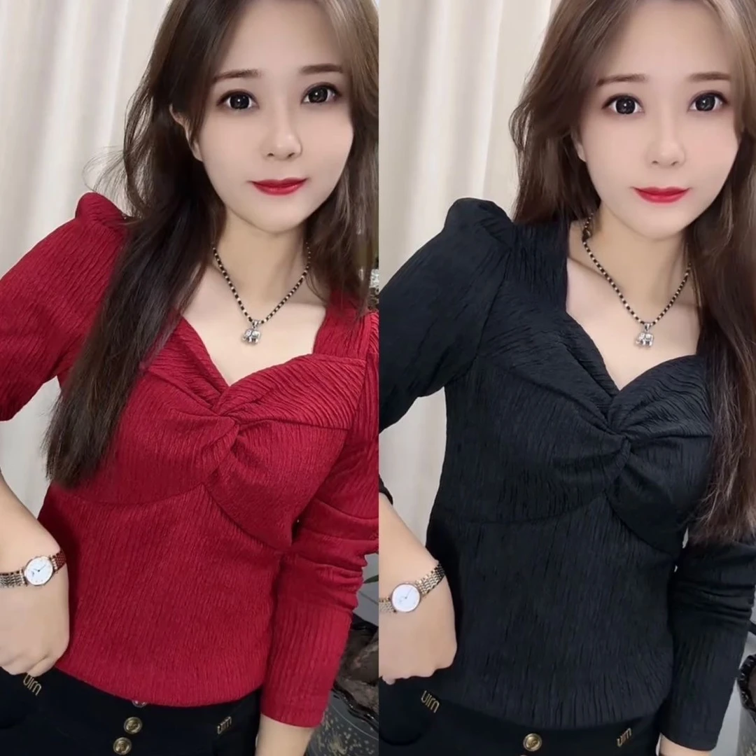 长袖抽褶纯色百搭法式常规T恤时尚方领设计感气质打底衫