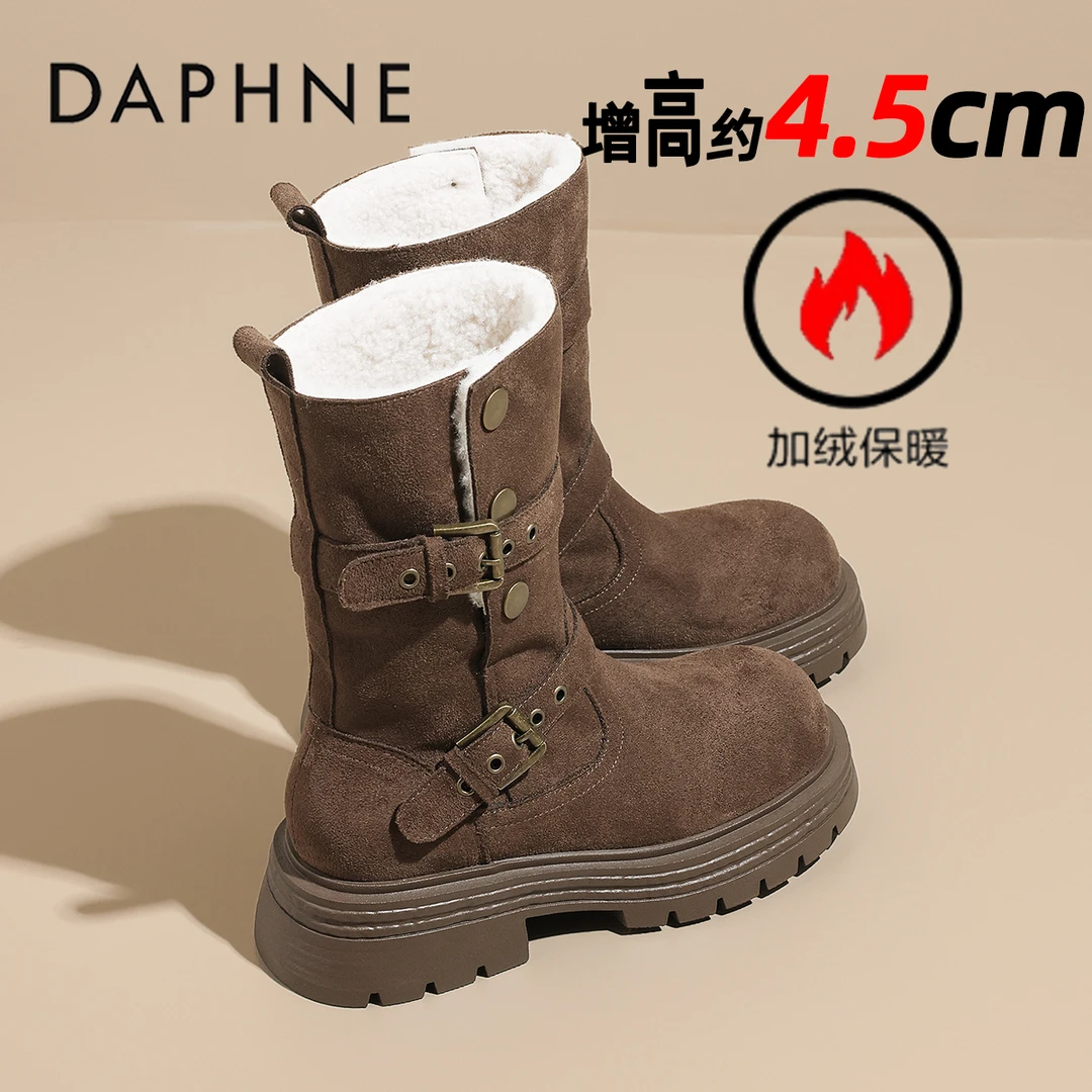 达芙妮加绒加厚巴恩风西部牛仔靴女冬季爆款厚底增高中筒骑士靴女