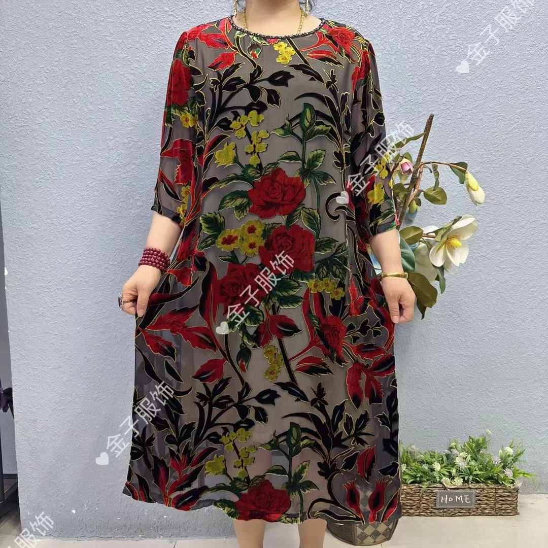P7-2071桑蚕丝遮肚子连衣裙上档次过膝长裙妈妈装
