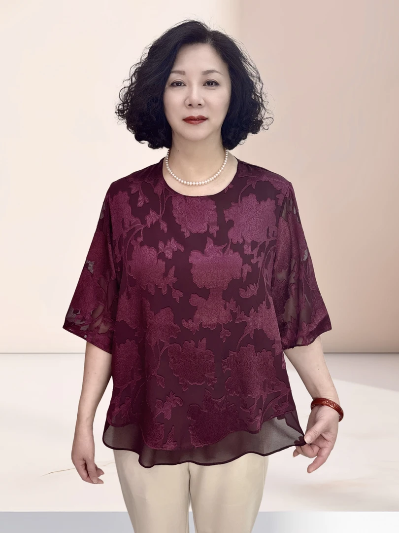 时尚妈妈装上衣圆领套头七分袖衫夏季透气大花小衫中老年妈妈装