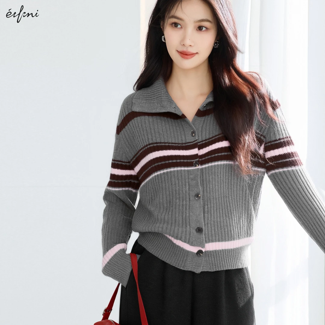 *伊芙丽时尚复古条纹女士立领开衫2025冬新款羊毛针织衫1GC930561