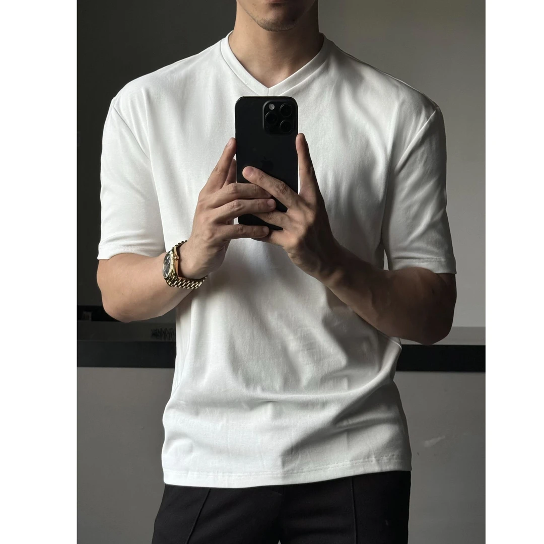 AIXKOM 獨家高支长绒棉混纺干爽透气轻盈感v领宽肩T