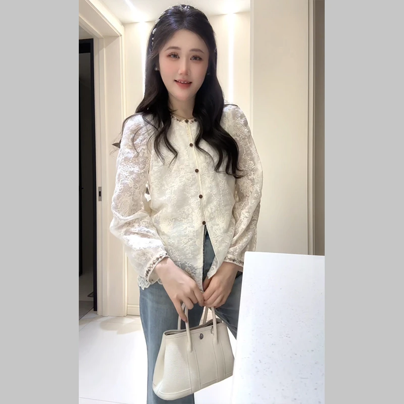 新中式圆领带内衬防透钉珠刺绣蕾丝法式小衫