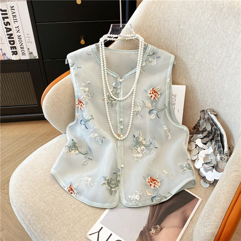 新中式国风吊坠马甲女2025夏季新款复古百搭刺绣V领坎肩百搭上衣