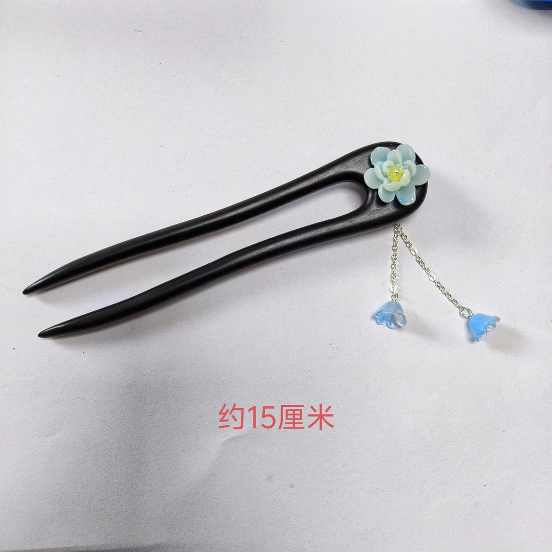 A034黑檀木山茶花打孔安装发簪古风新中式汉服盘发头饰女原创简约