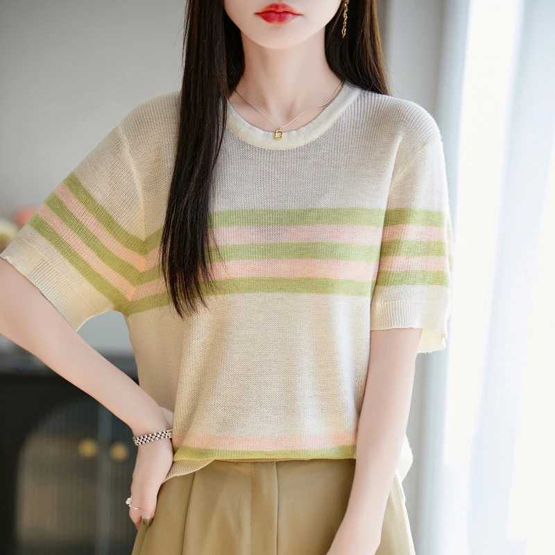条纹毛针织衫早春镂空短袖针织衫毛衣拼色设计感上衣圆领显瘦