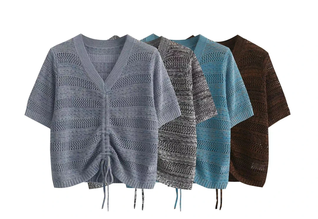 W 658 北欧青 抽绳短袖针织上衣（衣长50 胸宽53）