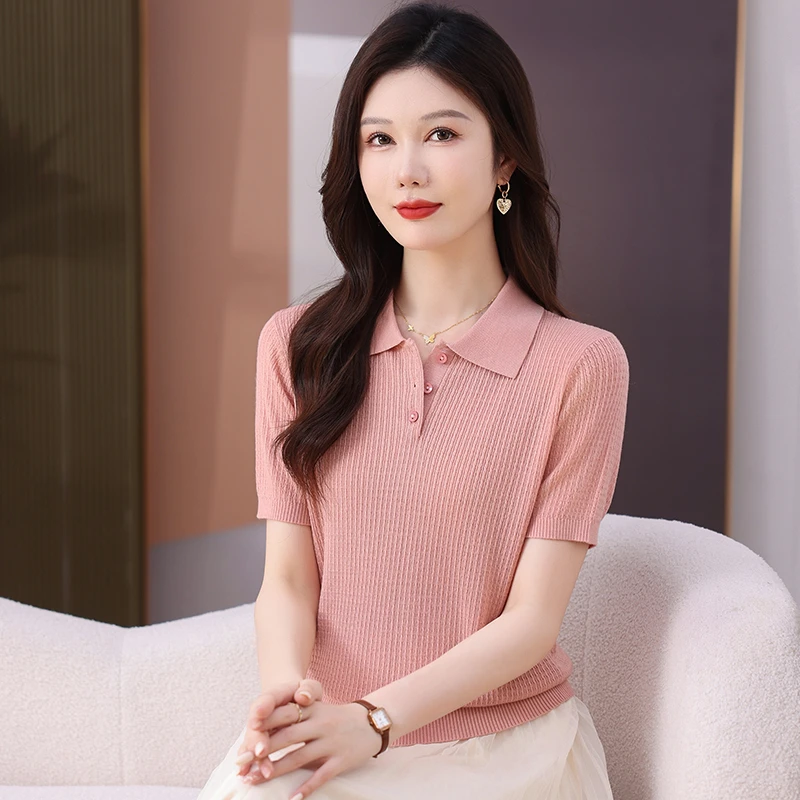 百搭桑蚕丝短袖t恤女宽松薄款针织小衫时尚气质洋气夏季女士上衣