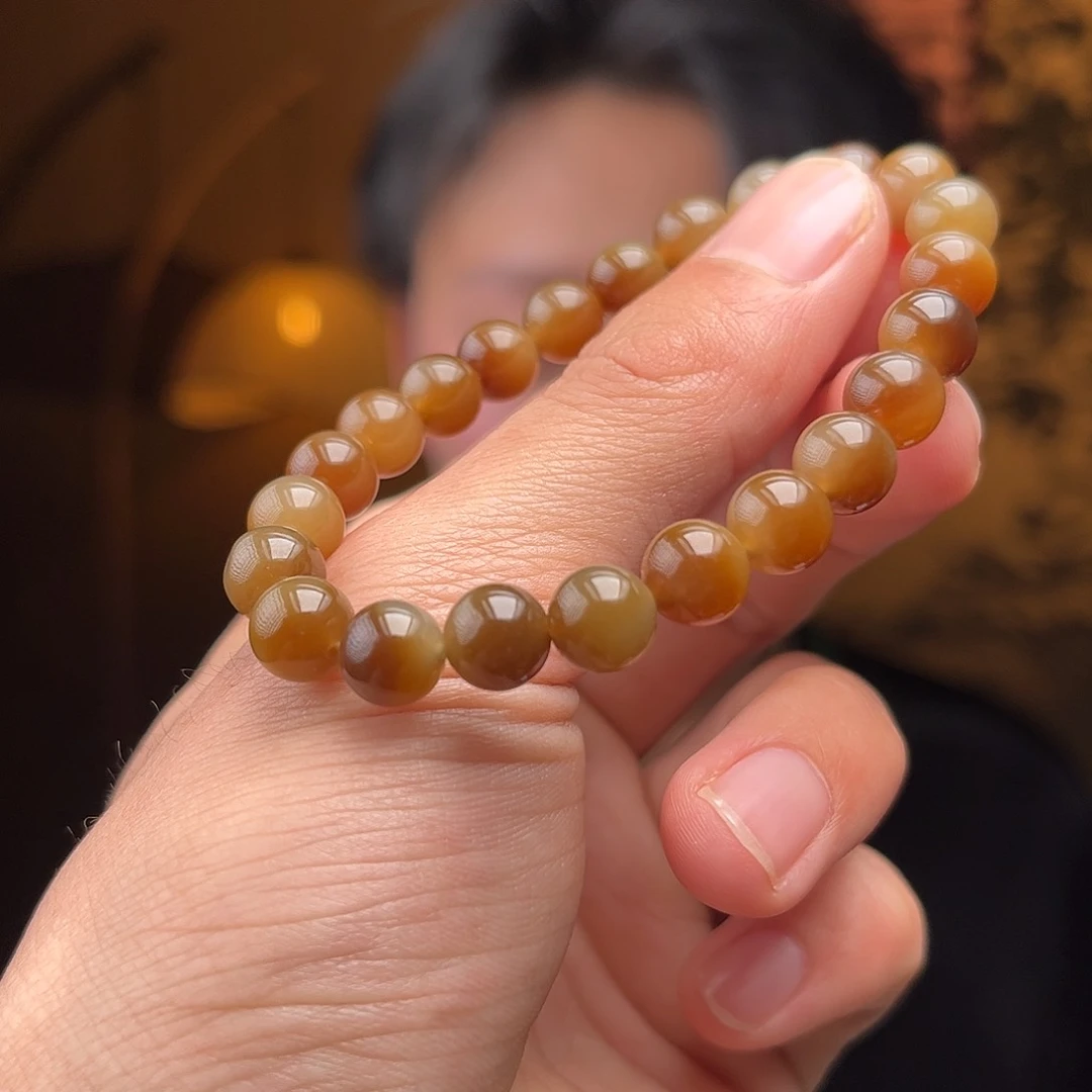 和田玉手串未镶嵌老红糖一口糖